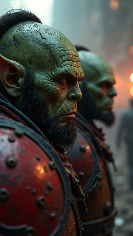 Majestic space orcs capturing a moment in time: a captivating photograph inspired by Warhammer 40k, depicting raw emotion and camaraderie, shot in 8k uhd with a professional dslr camera, featuring enchanting volumetric lighting, superb high quality detail, and artistic film grain, akin to a masterpiece captured by a Fujifilm XT3, showcasing an unexpected side of these legendary warriors capturing their own story in a galaxy far beyond.