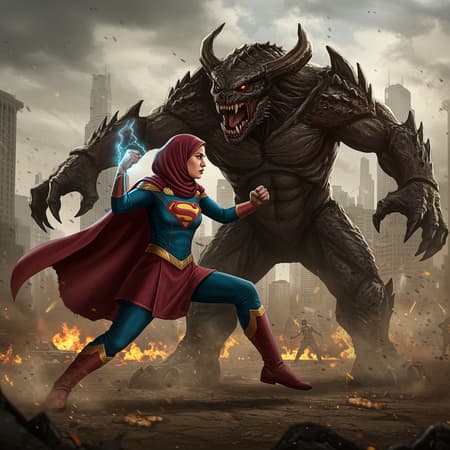 Illustration portrait super hero Muslim woman fight monster epic cinematic battlefield atmosphere Detailed portrait capturing the super hero Muslim woman's unique features expression and costume intricacies Dynamic pose conveys power and agility showcasing the intensity of the fight Epic battle scene sprawling urban landscape towering buildings sense of scale Monster characterized by menacing features monstrous anatomy formidable presence Dramatic lighting with shadows highlights accentuating intensity mood Incorporate cinematic effects motion blur debris energy trails sense of movement action Pay attention to composition using leading lines framing techniques guide viewer's focus central characters Attention to detail super hero Muslim woman's costume design incorporating emblematic symbols represent persona powers Add atmospheric elements swirling dust billowing smoke dynamic weather effects enhance dramatic impact Consider color palette reflects mood tone scene vibrant dynamic or dark gritty Final artwork evoke sense epicness capturing intensity battle strength determination super hero Muslim woman awe-inspiring spectacle cinematic fight