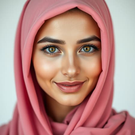 Create a realistic style portrait of a stunning Turkish Muslim woman wearing a pink hijab. She has a beautiful face, highlighted by cute pink lips and romantic, captivating eyes. The image is a full head portrait in 8k quality with high definition and depth of field, showcasing clear focus and natural lighting. The portrait emphasizes her elegance and charm, capturing her in a serene and graceful moment. Her expression is warm and inviting, exuding confidence and kindness. The portrait maintains a sense of realism and authenticity, portraying her beauty in a respectful and empowering manner.