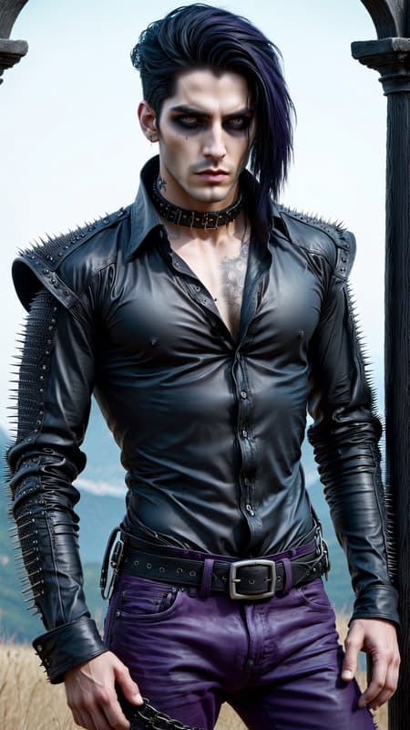 Goth Punk visits Hammer Horror films. Dark, creepy, Goth, sado-masochism. He can turn invisible and follow people around. He also has the ability to enter their minds and scare them to death. He can also siphon off little bits of life force and energy from his victims---most of the time he kills them. 
A young Caucasian man in his 20s, his skin is chalk white, he's becoming more undead as time goes by. He has dark circles around his eyes, but he also wears Goth makeup.  Very tall, thin, lithe but strong, sinewy. Emo style hair, shaved on the sides and back, long on top and falls over one eye-- the top is dyed eggplant purple. Strong brow and jaw, masculine and handsome, though he does have a slight resemblance to Frankenstein's monster--- he takes pride in that. His eyes are grey and intense, like he's staring into your soul. Because he is tall, he has very big hands with long fingers. He wears the latest in Goth fashion: black leather choker collar with spikes,  sheer black see-thru form fitting long sleeved shirt, o-ring black leather harness, black leather bracers with spikes on his arms, dark Violet leather jeans, heavy black leather engineer boots. Full body pose, hanging out in a graveyard or dark Goth Punk club. 