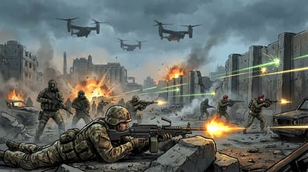 A dynamic, action-packed digital painting of soldiers in an urban combat zone with multiple Osprey aircraft overhead. The composition features a foreground soldier prone with a machine gun, muzzle flash visible, and bullet casings scattered. Other soldiers are engaged in firefights, some wearing gas masks, others with red berets, and all in camouflage and tactical gear. Tracer fire (green and yellow) and bullet impacts against concrete barriers create sparks. Explosions illuminate the background. The art style is detailed digital illustration with vibrant effects. Lighting is dramatic, with warm glows from explosions contrasting with the cool, overcast sky. The mood is intense and chaotic. Colors are muted grays and browns for the environment, punctuated by bright oranges, yellows, and greens of combat effects. Industrial buildings and structures form the backdrop.