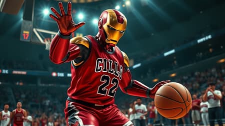 Ironman wearing a Chicago Bulls jersey plays basketball with the intensity of a pro athlete, the vibrant red and black uniform standing out against the dazzling arena lights. The scene captures the surreal realism synonymous with Xbox 360 graphics, blending seamlessly with the emotive realism of a sports showdown. His polished armor reflects the court's hardwood surface, adding an eerily realistic sheen. The atmosphere crackles with energy, as fans cheer in awe of this extraordinary cross between superhero and sports legend, their anticipation heightening the surreal experience.