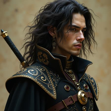 Surreal Krull movie male character design inspired by Sergio Toppi and George Barbier, blending sci-fi motifs with hyperrealism, minimalism, and photo realism. The character embodies rebelcore aesthetics, featuring intricate details and a futuristic yet timeless appearance. His attire combines sleek, minimalist elements with bold, ornate patterns, showcasing a harmonious balance between avant-garde fashion and raw, organic textures. The character exudes an enigmatic aura, with expressive features that capture both strength and vulnerability, set against a backdrop that highlights the stark contrasts and vivid details of his design.