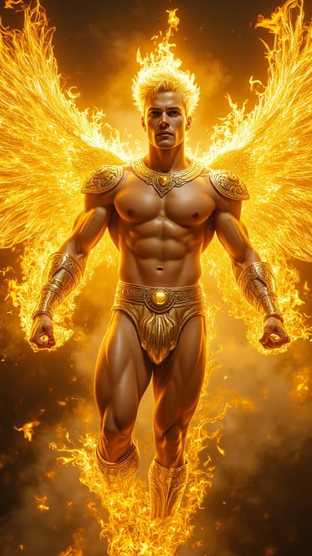 Sun Angel, cosmic being. An aura of yellow flames, shines like the sun, flying through space. Hypermasculine male. Tall, muscular, fit, sinewy, broad chest, wide back, narrow waist, strong legs, powerful arms, bodybuilder shape. Flaming yellow-gold skin, eyes that shine like gold stars. Strong brow and jaw, handsome. Very short flaming blonde hair, cut close on sides and back, spiky flames on top of head. Angel wings of yellow fire and flames. Metallic gold shoulder pads with glowing yellow glyphs; a belt with the same type of glyphs and a yellow topaz jewel in the center around his waist. Metallic gold bracers on his arms. Naked, aside from his jockstrap. Metallic gold jockstrap sheathing a large phallus. Knee-high metallic gold boots with glowing yellow glyphs. He flies around the sun. Full body pose. 