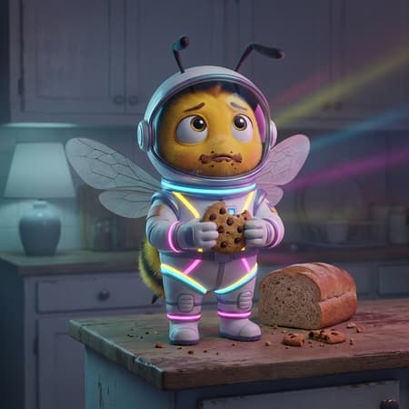Cute Bee Astronaut Caught Eating Cookie Full body shot of an anthropomorphic bee character, wearing a futuristic white jumpsuit with neon blue, yellow, and pink accents, holding a bitten chocolate chip cookie in a kitchen. The character is looking up with wide, innocent eyes and a slight frown, crumbs around its mouth. Yellow fur, large translucent bee wings, and black antennae. The background is a dimly lit kitchen counter with a loaf of bread and scattered cookie crumbs. Digital art, 3D render, soft volumetric lighting, muted cool tones with vibrant neon highlights. Humorous, slightly guilty mood.
