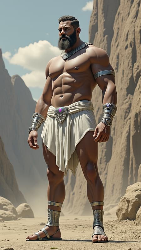 Sci-Fi futuristic fantasy, legend, homo-erotica. On another world, handsome giants known as Brutons emerged from the rock formations. They look like living statues, resembling bodybuilders or Greek wrestlers with their marble-like skin and gemstone colored eyes that shine. They all wear short wavy fade hairstyles of any color. Metallic circlet headbands around their foreheads. Ruggedly handsome, masculine, beautiful men with strong brows and sculpted jaws. Their faces are serene and peaceful. They stand at 7feet tall or taller, and their bodies are physical perfection with broad chests and backs, narrow waists, muscular sinewy bodies, strong massive arms, powerful legs. Their bodies are sculpted to perfection by nature, and they wear very little clothing; iridescent diaphanous white thongs on their girthy loins and metallic sandals with straps up to the calves. Metallic bands around the tops of their biceps, and metallic bracers on their arms. 

They help build the futuristic city as well as guard it, carrying huge shining swords or fighting with their own massive muscles. When they are not standing at attention, they keep company with each other, laying together and absorbing sunlight. They do not sweat, but their bodies glisten and sparkle from the microcrystals inside their bodies. They do not speak, but share a telepathic bond with one another.  They are an all-male race, looking only to each other for pleasure when not building or gaurding. The other beings on their planet appreciate and love them very much for all they do. They stand guard in front of shining, glittering futuristic cities, the lights reflecting off of their beautiful bodies.  {{{MASTERPIECE}}} 