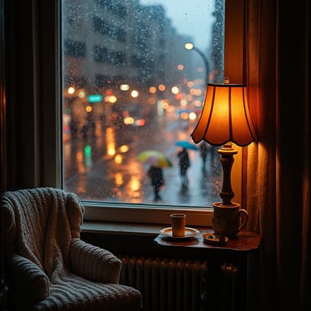 Cityscape Comes Alive Artwork A serene cityscape at twilight comes alive through a misted apartment window. Raindrops dance down the glass, creating a shimmering illusion of the bustling streets below. The city's glow bounces off the puddles on cobblestone, casting vibrant reflections of café lanterns, vintage neon signs, and the soft sheen of passing car headlights. Inside, the apartment is a cocoon of warmth, bathed in the soft glow of vintage lamps in amber hues. A ceramic mug of chamomile tea releases tendrils of steam on the windowsill, next to a plush armchair draped in a knitted quilt. The soothing rhythm of lo-fi jazz envelops the room, mixing with the gentle patter of raindrops. Outside, silhouettes of passersby glide with colorful umbrellas, their steps harmonious with the soothing symphony of the city at rest. The scene exudes a tranquil intimacy, the perfect haven for reflection and calm.