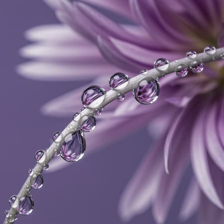 Surrealist depiction of water droplets clinging to the stem of a flower, inspired by Picasso's style; elements melt into each other with intertwining materials, woven together in light silver and soft purple hues. The composition is rich with intricate layers, blending reality and imagination in a dreamlike manner.