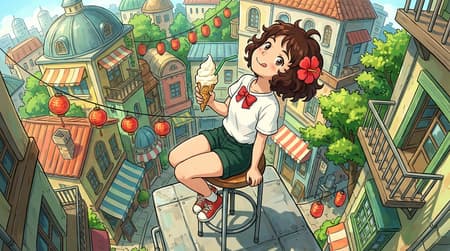 Smiling Anime Girl On Rooftop Cityscape Anime girl with short brown hair, red flower in hair, white t-shirt with red bow, dark green shorts, red and white sneakers, sitting on a high metal stool, holding a vanilla ice cream cone with a green straw. Looking up and smiling, tongue slightly out. Dynamic fish-eye perspective looking down on a vibrant, densely packed, whimsical city scape with colorful buildings, balconies, awnings, and hanging lanterns. Lush green trees and foliage intersperse the buildings. Bright, clear daylight with soft shadows, creating a cheerful, lively, and fantastical mood. Bright, saturated colors dominated by greens, yellows, reds, and blues. Anime, digital art, Studio Ghibli style, detailed, high resolution.