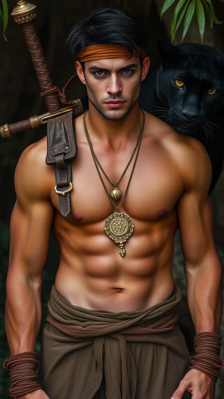 hypermasculine male, manly. Caucasian jungle man, dark brown hair short on sides longer on top. A brown leather band tied around the forehead. Tanned skin, smooth and hairless. Pale grey eyes with intense spiritual gaze. Strong brow and chiseled strong jaw, handsome, rugged looks. Soul patch on face. Tall, strong, muscular, sinewy, well defined, broad shoulders, broad chest, wide back. Olympian gymnast build/body. Gold necklace/talisman with leather strap around the neck. Wrapped brown leather bands around wrists, bands around tops of biceps, accenting big arms. Brown o-ring harness on the chest, strapped from the shoulder. Brown leather loincloth, barely covering the crotch area, exposing strong powerful legs. Soft, brown cloth knee-high boots wrapped around legs. Full body pose. He wields a unique bastard sword that he straps to his back. He keeps company with a huge, sleek black panther. ((MASTERPIECE)) hypermasculine male, manly. Caucasian jungle man, dark brown hair short on sides longer on top. A brown leather band tied around the forehead. Tanned skin, smooth and hairless. Pale grey eyes with intense spiritual gaze. Strong brow and chiseled strong jaw, handsome, rugged looks. Soul patch on face. Tall, strong, muscular, sinewy, well defined, broad shoulders, broad chest, wide back. Olympian gymnast build/body. Gold necklace/talisman with leather strap around the neck. Wrapped brown leather bands around wrists, bands around tops of biceps, accenting big arms. Brown o-ring harness on the chest, strapped from the shoulder. Brown leather loincloth, barely covering the crotch area, exposing strong powerful legs. Soft, brown cloth knee-high boots wrapped around legs. Full body pose. He wields a unique bastard sword that he straps to his back. He keeps company with a huge, sleek black panther. ((MASTERPIECE))