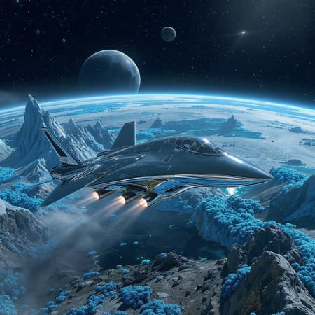 A sleek, chrome spaceship descends majestically onto a vibrant alien planet, its metallic surface gleaming under the intense light of a nearby star. The ship features aerodynamic curves and intricate details, its thrusters humming softly as they adjust for landing. Below, the planet's landscape is an otherworldly tapestry, with fields of iridescent blue flora swaying gently in a subtle breeze and jagged, crystalline mountains piercing the horizon. Pools of liquid with a deep emerald hue dot the terrain, reflecting the spaceship's imposing silhouette. Shadows from the planet's dual moons create stark contrasts on the ground, accentuating the surreal beauty of the scene. As the craft settles, its landing gear softly compresses the ground, sending a gentle ripple across the surface, a harmonious blend of technology and alien nature.