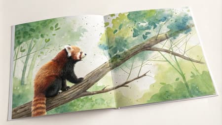 A watercolor-style children's book page with a red panda listening hard on the left side. The red panda is sitting on a tree branch. The background is a lush green forest. There are soft watercolor splashes in shades of green on the right side of the page. A watercolor-style children's book page with a red panda listening hard on the left side. The red panda is sitting on a tree branch. The background is a lush green forest. There are soft watercolor splashes in shades of green on the right side of the page.