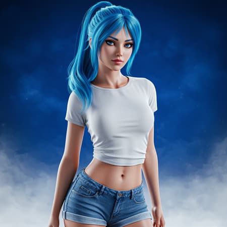 A stunning composition featuring a young woman with striking blue hair styled in a ponytail, exuding a serene expression with captivating blue eyes. She is dressed in a simple and clean white t-shirt paired with casual shorts, highlighting a medium build and subtle navel detail. The scene is set against a harmonious blend of blue and white themes, capturing her in a standing pose with a medium shot. Rendered in ultra-realistic 8k UHD HDR quality, the image depicts an air of elegance and simplicity. Despite creative modifications, such as a unique facial expression and slight adjustments to hand positioning, the essence of the character remains unaltered, avoiding unnecessary distractions like low resolution, blurriness, or unintended elements.