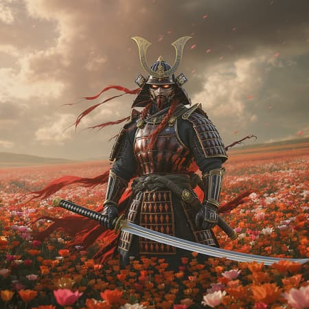 Samurai in full armor with an intricately designed samurai helmet and a gleaming katana, standing majestically on a lush, vibrant plain adorned with multicolored flowers. The scene is captured with cinematic flair using Unreal Engine 5, marked by sophisticated color grading and editorial photography techniques, emulating a high-definition photoshoot atmosphere shot on a 70mm lens. The composition features a dramatic depth of field with a tilt blur effect, operating at a shutter speed of 1/1000 and an aperture of F/22, with precise white balance set at 32k to enhance warm tones. Captured in ultra-high resolution, utilizing ProPhoto RGB for color accuracy, the image benefits from VR technology and is inspired by art rendering reminiscent of Artgerm and Alex Ross. The lighting is a complex interplay of natural and studio sources, including halfrear lighting and backlighting, complemented by soft, moody incandescent effects enriched by optical fiber accents. Volumetric and contre-jour lighting contribute to a darkly atmospheric scene, accented with red rim lighting and 45% cool color grading that underscores the samurai's imposing figure. Advanced optical effects like scattering, glowing, and shimmering create dramatic, interactive reflections using techniques like ray tracing and lumen reflections, adding a dreamlike quality to the scene. Visually rich with diffraction grading and chromatic aberration, augmented by GB displacement and scan lines, the scene employs cutting-edge CGI, VFX, and SFX for an intensely detailed portrayal. The dynamic pose of the samurai is central to the composition, embodying hyper-realism and elegance, enhanced by advanced shading technologies including OpenGL-Shaders and GLSL-Shaders, post-production magic, and cel shading for a distinctive, tone-mapped finish. The result is an insanely detailed, elegant, and intricate hypermaximalist representation of a samurai warrior, balancing realism with artistic vibrancy and sophisticated post-processing effects, supported by RTX, SSAO, and a full array of contemporary graphical innovations for an awe-inspiring image.