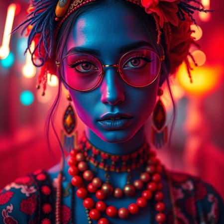 Blue Beauty A striking blue beauty adorned in an eclectic, colorful ensemble exudes a mesmerizing presence, influenced by the whimsical style of Brandon Woelfel and the graphic artistry of Becky Cloonan. The setting is captured in ultra-high definition, enveloped in light reds and vivid reds that blend seamlessly into luminescent lightscapes reminiscent of Tanya Shatseva's surreal creations. The close-up composition reveals exquisite details, shot with a Fujifilm X-T4 and a Sony FE 85mm f/1.4 GM lens, showcasing a vibrant raw aesthetic. The aspect ratio is slightly adjusted to 45:56, enriching the scene with a soft, ethereal glow, creating an atmosphere that feels both intimate and otherworldly.