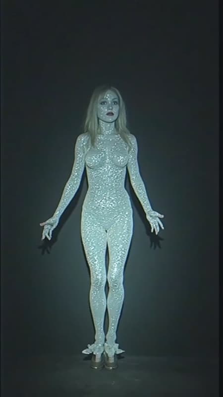 Sci-Fi, strange, eerie...sexy? Ghost in the electronics? She is a shapely curvy female humanoid form with no discernable features; even her long hair is composed completely of television static and has an eerie glow. She can become energy and move through power lines, telephone lines, outlets, cable lines, and anything plugged in. She can appear  in television screens, computer monitor screens, and sometimes smartphone screens. She travels through connected lines, but can ride the airwaves if necessary. When she appears in full humanoid form, she is just a sensuous curvy glowing figure composed of television static,including her hair. She has no actual voice, but sometimes people can hear breathing through whatever electronic devices they might be using. Otherwise, she sounds like the white noise that television static makes. She seems to have a tendency to appear to attractive men, though anyone can see her if she chooses to make herself visible. No one knows where she came from or what she wants; it is believed she came into existence with the creation of the first electronic device, mainly television. She is not known to be dangerous, but people that have seen her get an uneasy feeling. She tends to appear whenever people (especially men) fall asleep in front of the TV late at night.....   {{{She appears as a shapely sexy feminine glowing white silhouette composed of television screen static}}} 