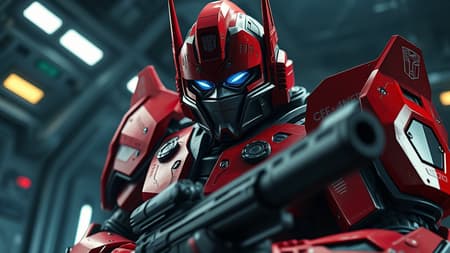 Ultra-wide photo featuring a fierce sci-fi warrior wearing intricate red armor and a cyber helmet adorned with glowing lights across the mask. The armor is full and insulated, designed for strength and aggression, with an active stance that conveys readiness for battle. The warrior, echoing the iconic style of Optimus Prime, displays a bald head and wields a formidable weapon. Set against the backdrop of a dimly lit spaceship, the scene is captured with natural light and photorealism, creating a cinematic rendering with ray tracing for the highest quality and detail. The third-person view, combined with a blur effect and long exposure, enhances the scene's moody and dramatic atmosphere. Shot in 8K Ultra-HD, the image utilizes cinematic lighting to highlight every intricate detail, offering a dark, sci-fi movie style that immerses the viewer in this otherworldly environment.