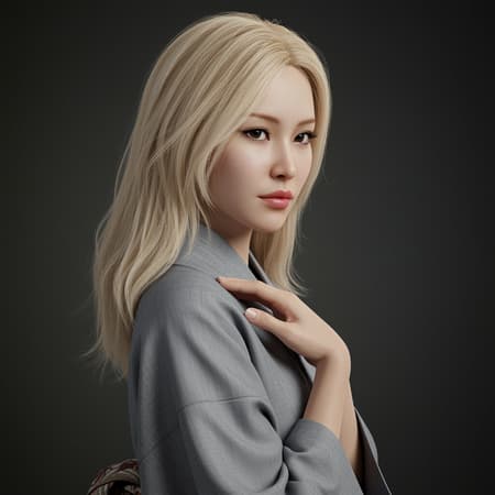 A young Asian woman with striking blonde hair dressed in a sleek, modern grey kimono, standing in a natural pose, with expressive eyes and delicate features, depicted in a hyper-realistic style, her serene expression conveying grace and elegance.