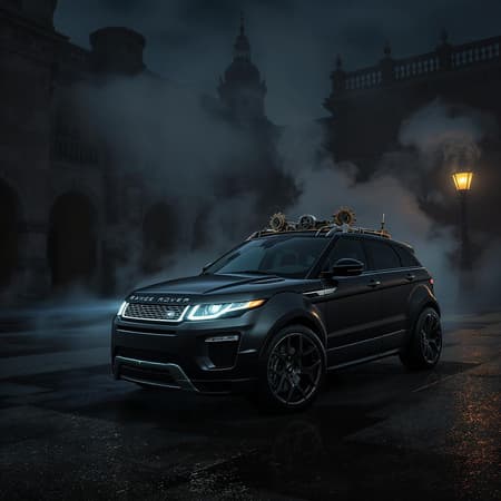 A striking steampunk-inspired design of a matte graphite Range Rover Evoque, featuring intricately detailed, glowing headlights reminiscent of cogs and gears. The vehicle's polished finish gleams under the faint, eerie glow of moonlight, emphasizing its modern elegance mixed with vintage charm. Parked in the courtyard of a grand, ancient palace, the setting is enveloped in a thick, swirling mist that adds to the mysterious, almost haunting ambiance. The scene radiates a sense of cozy luxury, a perfect blend of the artgerm style's warmth and the comfort of hygge amid the contrasting ominous backdrop.