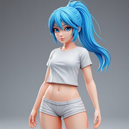 a stunning, high-quality image featuring a girl with vibrant blue hair styled in a ponytail, her expressive eyes matching the blue and white theme. She wears a simple white T-shirt and shorts, her medium build subtly highlighted, and her navel visible. The setting captures her standing confidently in a cowboy shot view, rendered in 8k resolution with HDR capabilities. Attention to detail avoids duplication or unnatural mutations, maintaining a realistic portrayal without extra appendages or distortions. The overall image is clear and vivid, free of low-resolution issues or digital imperfections such as watermarks or textual elements, ensuring a seamless composition that remains sharply focused.