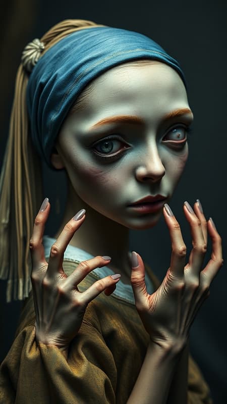 AI Girl Earring-inspired Design Girl with a Pearl Earring-inspired horror scene, featuring an eerie atmosphere with intricate and detailed elements, showcasing amazing anatomy and high-quality visuals in 8k UHD HDR. The scene includes a duplicated, mutated appearance with a cloned face, cross-eyed expression, elongated neck, and extra fingers with distorted hands. The unsettling composition retains a low-resolution aesthetic with intentional imperfections such as out-of-frame elements, blurriness, and minimal jpeg artifacts, creating a haunting and surreal interpretation.