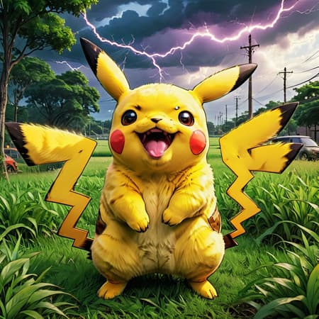 high quality art , taken with a professional grade camera with exquisite color grading , full body , massive pikachu , happy face ,mouth , tongue , fangs , pokemon , grass around , real , photoreal , strong legs and hands , fluffy , 35mm , lightnings and thunder around , (tries to hug:1.2) , large claws on hands, electric aura around