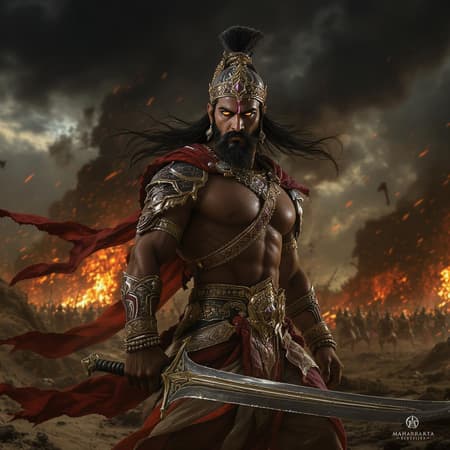 Indian male warrior from Mahabharata, adorned in ornate ethnic armor, wielding a majestic sword on a war-torn battlefield, under intense and dramatic lighting, depicted in hyperrealism with photorealistic details, cinematic feel, ultra-high definition 8k quality, set against a backdrop of chaotic battle, capturing both the intensity and nobility of a timeless epic legend.