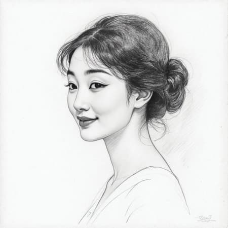 Simple pencil sketch inspired by Odilon Redon featuring the face of a beautiful Asian woman, captured in profile with a subtle, enigmatic smile. Distinct charcoal strokes provide texture against a plain white background, emphasizing depth and expression, monotone without color or saturation, infused with an artistic flair and imaginative touch, while retaining an essence of elegance and charm.