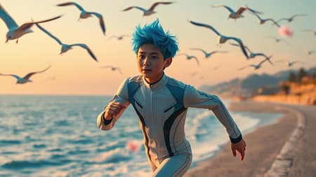 A boy with electric blue hair races along a digital coastline, clad in a sleek, futuristic suit capable of morphing its design instantaneously. AI-driven seagulls, their wings casting pixelated shadows, circle overhead. Imagined through the lens of Rinko Kawauchi, the scene captures the fluid grace of youth, imbued with vacation dadcore vibes and cyberpunk flair. His expression is effortlessly cool, brimming with the vitality of his escapade. Above, blooms of digital flowers drift across the sky, a touch of surreal beauty against a vibrant backdrop. The scene is captured in remarkable detail with dreamy, lo-fi aesthetics akin to analog film; vibrant colors pop in the rendered world, as if shot on the distinctive Fujifilm XT4, drawing viewers into a super detailed, fantastical moment with a raw, nostalgic edge.