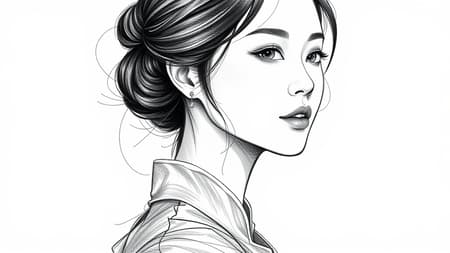 Realistic black and white sketch of an elegant Korean woman, detailed features and expressive eyes, set against a simple white background. Subtle artistic embellishments enhance her graceful posture, capturing both modern and traditional elements in her attire, with an emphasis on delicate textures and soft shading for depth and dimension.