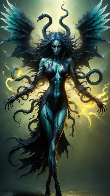 Living nightmare, a cross between Medusa and a harpy. She is a shadow with demonic black wings, webbed with transparent yellow markings, they extend from her arms. Her body is a shadow, a silhouette with large claws on her hands. She has no visible features other than glowing cyan eyes. Her head is full of long black writhing snakes-- they are always moving and very poisonous, they bite anyone that gets too close. They fall wildly down her back and out from her head. If you stare at her and she sees you, you turn into stone, then to dust when she absorbs your life force.  She avoids sunlight, IT BURNS. Sunlight will totally disintegrate her. Full body pose, flying and trying to avoid light. 