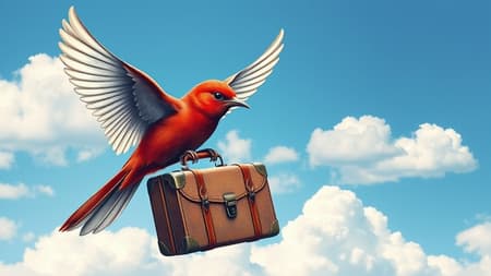A logo for a travel website featuring a crimson bird with silver wings gracefully clutching a vintage suitcase, set against a cerulean sky dotted with fluffy clouds. The design exhibits intricate detail reminiscent of Beatrix Potter's enchanting illustrations, infused with a cozy cottagecore aesthetic. The scene is captured in ultra-high definition, with meticulous attention to detail, rendered at a charming 45-degree angle.