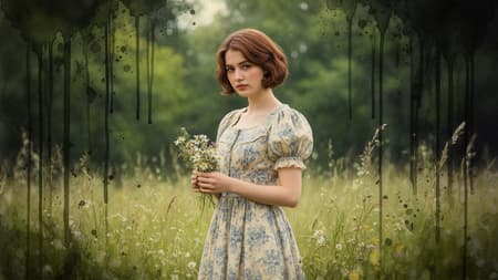 A moody fine art portrait of A young woman with a soft, natural expression and short, chestnut-brown hair, standing gracefully in a lush, verdant meadow filled with tall wild grasses and wildflowers. She is wearing a vintage-inspired, light blue and cream floral patterned dress with short puffed sleeves. She is gently holding a small cluster of wildflowers in her hand. The background is a soft-focus forest of green trees, creating a dreamlike, ethereal atmosphere. Natural soft daylight, cinematic lighting, shallow depth of field, romantic pastoral aesthetic, high-quality photography, intricate fabric texture, peaceful mood, romantic and surreal atmosphere, highly detailed textures, dramatic chiaroscuro lighting, Rembrandt lighting, soft skin textures, cinematic atmosphere, The artistic style is a fusion of oil painting and expressive watercolor, featuring delicate brushstrokes, soft edges, and dramatic vertical ink drips and paint splatters cascading down the canvas.