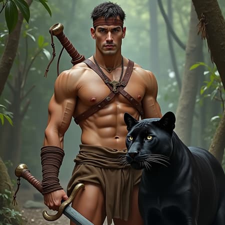hypermasculine male, manly. Caucasian jungle man, dark brown hair short on sides longer on top. A brown leather band tied around the forehead. Tanned skin, smooth and hairless. Pale grey eyes with intense spiritual gaze. Strong brow and chiseled strong jaw, handsome, rugged looks. Soul patch on face. Tall, strong, muscular, sinewy, well defined, broad shoulders, broad chest, wide back. Olympian gymnast build/body. Gold necklace/talisman with leather strap around the neck. Wrapped brown leather bands around wrists, bands around tops of biceps, accenting big arms. Brown o-ring harness on the chest, strapped from the shoulder. Brown leather loincloth, barely covering the crotch area, exposing strong powerful legs. Soft, brown cloth knee-high boots wrapped around legs. Full body pose. He wields a unique bastard sword that he straps to his back. He keeps company with a huge, sleek black panther. ((MASTERPIECE)) hypermasculine male, manly. Caucasian jungle man, dark brown hair short on sides longer on top. A brown leather band tied around the forehead. Tanned skin, smooth and hairless. Pale grey eyes with intense spiritual gaze. Strong brow and chiseled strong jaw, handsome, rugged looks. Soul patch on face. Tall, strong, muscular, sinewy, well defined, broad shoulders, broad chest, wide back. Olympian gymnast build/body. Gold necklace/talisman with leather strap around the neck. Wrapped brown leather bands around wrists, bands around tops of biceps, accenting big arms. Brown o-ring harness on the chest, strapped from the shoulder. Brown leather loincloth, barely covering the crotch area, exposing strong powerful legs. Soft, brown cloth knee-high boots wrapped around legs. Full body pose. He wields a unique bastard sword that he straps to his back. He keeps company with a huge, sleek black panther. ((MASTERPIECE))