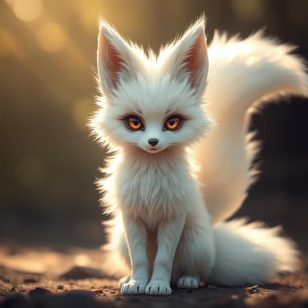 Fluffy nine-tailed fox girl, inspired by the styles of Wlop and Guweiz, depicted in a hyper-realistic photography style, capturing her ethereal beauty with professional 8k clarity. She stands illuminated by soft, natural lighting, highlighting the intricate details of her silky white fur and enchanting eyes. Her surroundings blend seamlessly with her form, enhancing the mystical aura. Despite the fantastical subject, the composition maintains a sense of realism, inviting viewers into a world where mythical meets reality.