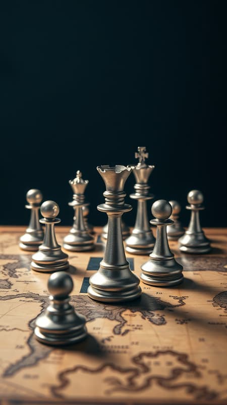 A cinematic photograph showcasing intricately crafted platinum chess pieces, skillfully positioned on a richly textured board made from vintage celestial star maps, symbolizing universal influence, strategic foresight, and intellectual mastery. The scene is enhanced by carefully arranged shadows and delicate reflections, creating a profound sense of depth against a sophisticated dark-blue background that subtly transitions to a gentle, creamy beige towards the horizon. This gradient evokes an air of refined luxury and sophistication, with the star maps' worn, ethereal tones and the chess pieces' metallic luster creating a striking contrast. The composition radiates elegance, precision, and the high-stakes allure of intellectual combat.