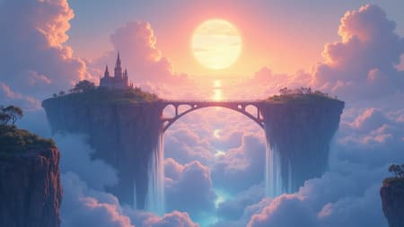 A breathtaking landscape of floating islands, connected by shimmering energy bridges, under a sky filled with twin suns. Ethereal waterfalls cascade into the clouds below. This is a masterpiece of fantasy concept art, rendered in an impressionistic oil painting style with vibrant, luminous colors.