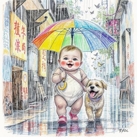 A mesmerizing sketch in colored pencil line art features a chubby, adorably cute baby holding a vibrant umbrella while walking an enthusiastic dog through a rain-soaked small alley in the bustling city. Beautiful curves and brush techniques highlight the baby's joyful expression, and the scene captures emotional birds chirping, their delicate forms rendered in intricate line drawing styles. The composition is flawlessly arranged, brimming with incredible detail and artistry. The piece evokes the aesthetics of renowned artists like Raphael, Caravaggio, Greg Rutkowski, Beeple, and Beksinski, merging classic and modern styles. The soft interplay of light and shadow creates a volumetric cinematic feel, reminiscent of award-winning photography, capturing the essence of natural beauty. The artwork is a masterpiece of realistic conceptual art, evoking the textures of oil on canvas with the surreal touch of Giger's imagination, achieving an 8k fine art photography standard, perfect for trending on platforms like ArtStation.