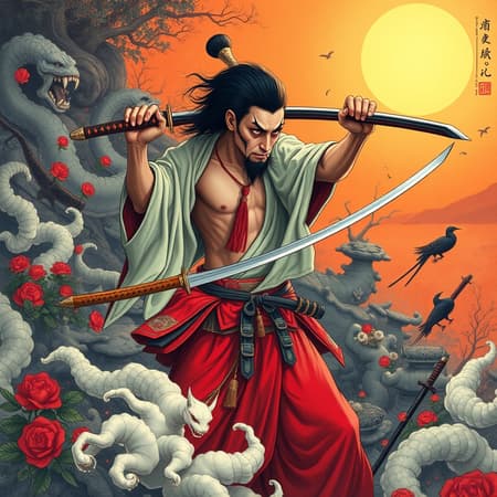 Sword over shoulder, kodachi, holding sword, laundry pole, sheath in hand, arm blade, ensis exorcizans, distinct tsuba, mizura hairstyle, samurai in battoujutsu stance, sword cane, sunrise stance formed, tachi at the ready, wearing red hakama, tsuka gripped, invoking yukianesa, wielding seven-branched sword, twirling weapon skillfully, adorned with kouhaku nawa, emphasized by unique motifs. Striking presence amidst surreal elements, with exaggerated, distorted proportions, colors overly vibrant, low detail resolution. Subject displays warped anatomy, disfigured visage, out of focus, possessing extra limbs, misshapen hands, limbs appearing disconnected and floating. Long neck and body seem surreal, with misplaced features. Surrounded by a chaotic background reminiscent of kitsch art, with unexpected twists and mutations. The scene projects a disjointed and dreamlike quality, merging realism with surreal art tropes and distorted visual aesthetics.