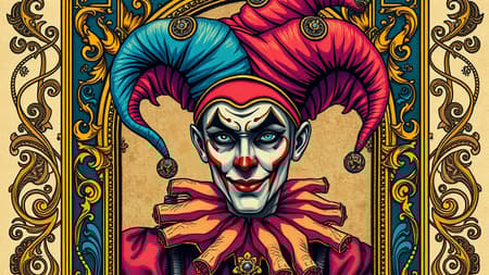 Tarot card featuring a highly detailed and ornate frame, showcasing a portrait of a cyberpunk jester with a vividly colored and elaborate jester hat, styled in the spirit of Art Nouveau. The design is rich with embellishments and intricate details, created as high-definition concept art. This digital art piece captures the vibrance and complexity of the cyberpunk theme, focusing on the central character while maintaining the sophisticated and decorative nature of traditional tarot cards. The composition is rendered in 4K, ensuring every detail is crisp and precise.