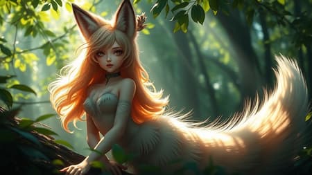 Fluffy nine-tailed fox girl in hyper-realistic style inspired by Wlop and Guweiz, showcasing professional photography with intricate detail, 8k resolution, and soft, natural lighting. The figure is gracefully poised amidst an ethereal forest setting, with shafts of sunlight filtering through lush canopy leaves, casting a warm glow on her enigmatic features and elegantly flowing tails. Her eyes reflect a mystical depth, harmonizing with her serene expression, while subtle wisps of hair frame her face, gently swaying in the breeze. Rich textures and fine details highlight the interplay of light and shadow across the scene, accentuating an atmosphere of gentle tranquility and otherworldly beauty.
