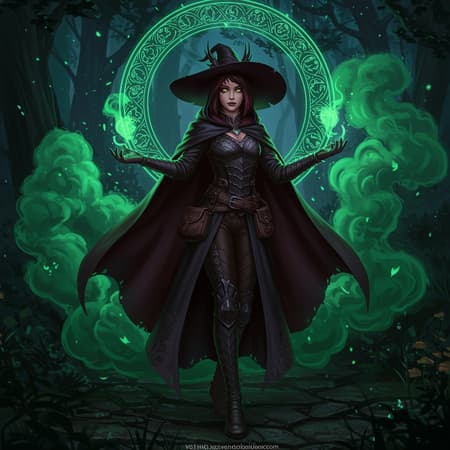 Dark witch in an adventurer costume with a large cloak stands in a fantastical forest. Her attire shimmers with dragon scales and emanates an aura of magical energy. Her hairstyle is stylishly trimmed, adding to her mysterious allure. The setting is illuminated by the dark light of the night, creating an intricate and elegant atmosphere. The scene is rendered in a clear-focus digital painting style, influenced by the works of VLOP, Artgerm, Greg Rutkowski, and Alphonse Mucha. Green neon smoke swirls around, enhancing the fantasy feel. The image is a stunning masterpiece with a 16k resolution, bringing out every detail in UHD and HDR10 for an impressive visual experience. The artwork retains a focus on maintaining realistic forms and avoids visual distortions or artifacts, conveying a seamless and captivating fantasy narrative.