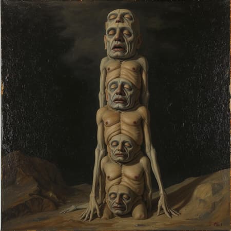 Absurdres detailed faces intricate cinematic dim natural lighting animals detailed painting clearly worked out detail HDR stacked torsos totem pole surreal anatomy extra limbs missing limbs floating limbs disconnected limbs mutation mutated abstract distorted blurry creative reimagining fantastical elements imaginative composition unique fusion