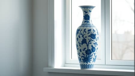 A tall, elegant porcelain vase with intricate blue and white designs stands gracefully on a window sill, crafted in the style of a 3D render by Christian Hilfgott Brand. The artwork is reminiscent of precisionism, capturing every detail with striking clarity. The vase is illuminated by soft studio lighting reminiscent of Provia film, highlighting its delicate curves and patterns, set against a minimalist backdrop. In the background, a gentle, natural light filters through the window, casting subtle reflections and adding depth to the scene, in an aspect ratio of 16:9.