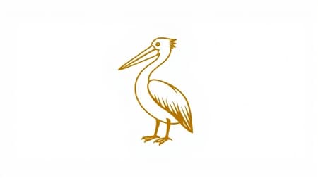 Corporate logo featuring a highly stylised pelican, designed in elegant gold on a pristine white background. The minimalistic and classy design embodies a modern yet timeless aesthetic. Created as a digital vector drawing, the logo embraces a sleek and sophisticated corporate style, suitable for branding purposes. The artwork, inspired by the renowned designer Tom Geismar, ensures high-quality and clarity, free from any imperfections or distortions. The composition remains balanced and centered, showcasing a harmonious blend of creativity and professionalism, while maintaining the authentic essence of the original concept.