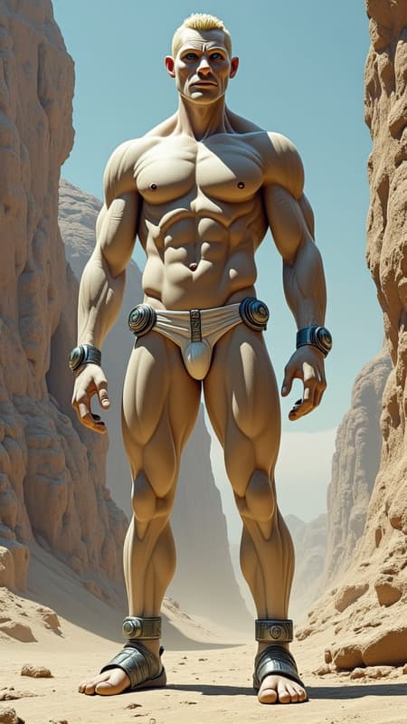 Sci-Fi futuristic fantasy, legend, homo-erotica. On an Alien world, handsome giants known as Brutons emerged from the rock formations. They look like living statues with their marble-like skin and gemstone colored eyes. Ruggedly handsome, masculine, beautiful men. They stand at 7feet tall or taller, and their bodies are physical perfection with broad chests and backs, narrow waists, muscular sinewy bodies, strong massive arms, powerful legs. Their bodies are sculpted to perfection by nature, and they wear very little clothing other than iridescent diaphanous white thongs on their girthy genitals and metallic sandals with straps up to the calves. There may be metallic bands around the tops of their biceps, and metallic bracers on their arms. They all wear metallic circlets around their foreheads, their hair is short and sculpted, usually a wavy fade hairstyle of any color.
They help build the futuristic city as well as guard it, carrying huge shining swords or fighting with their own massive muscles. When they are not standing at attention, they keep company with each other, laying together and absorbing sunlight. They do not sweat, but their bodies glisten and sparkle from the microcrystals inside their bodies. They do not speak, but share a telepathic bond with one another. They are an all-male race, looking only to each other for pleasure when not building or gaurding. The other aliens on their planet appreciate and love them very much for all they do. {{{MASTERPIECE}}} Sci-Fi futuristic fantasy, legend, homo-erotica. On an Alien world, handsome giants known as Brutons emerged from the rock formations. They look like living statues with their marble-like skin and gemstone colored eyes. Ruggedly handsome, masculine, beautiful men. They stand at 7feet tall or taller, and their bodies are physical perfection with broad chests and backs, narrow waists, muscular sinewy bodies, strong massive arms, powerful legs. Their bodies are sculpted to perfection by nature, and they wear very little clothing other than iridescent diaphanous white thongs on their girthy genitals and metallic sandals with straps up to the calves. There may be metallic bands around the tops of their biceps, and metallic bracers on their arms. They all wear metallic circlets around their foreheads, their hair is short and sculpted, usually a wavy fade hairstyle of any color.
They help build the futuristic city as well as guard it, carrying huge shining swords or fighting with their own massive muscles. When they are not standing at attention, they keep company with each other, laying together and absorbing sunlight. They do not sweat, but their bodies glisten and sparkle from the microcrystals inside their bodies. They do not speak, but share a telepathic bond with one another. They are an all-male race, looking only to each other for pleasure when not building or gaurding. The other aliens on their planet appreciate and love them very much for all they do. {{{MASTERPIECE}}}