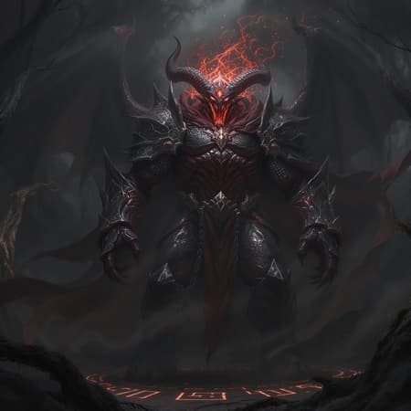 AI Demon Clad Design A fearsome demon clad in intricate armor draped with flowing black and crimson cloaks stands ominously. Its head, a swirling orb of malevolent red energy, pulses with dark magic. This formidable being, straight from the realms of epic fantasy, channels the essence of Lord of the Rings and Dungeons & Dragons, its presence amplified by ultra-realistic 4K visuals inspired by Unreal Engine. Chains dangle from its formidable frame, clinking softly as it moves, exuding a sinister, otherworldly power that captivates and terrifies.