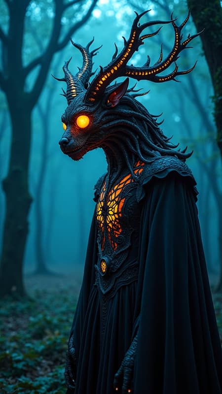 Gothic-inspired illuminated anthropomorphic being, entire form, set in a bioluminescent forest, surreal ambiance, epic yet eerie, glowing and unsettling, horror-infused, shadowy and mysterious, adorned with intricate designs and elaborate details, striking and dramatic lighting, lifelike and cinematic quality, 8k resolution, with a vertical composition capturing the enigmatic essence of the scene.