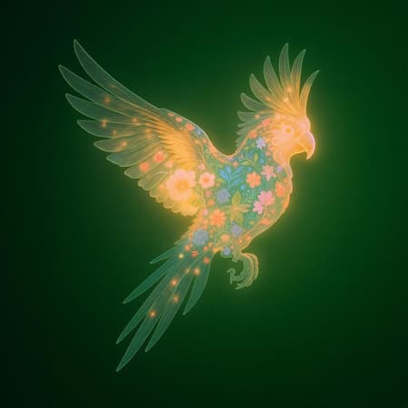 A luminescent abstract 3D parrot glides gracefully, its form seamlessly integrating vibrant foliage and delicate flowers, all set against a rich green backdrop. The parrot's wings shimmer with a radiant glow, casting a warm light over the lush botanical elements entwined within its shape, creating a mesmerizing display of nature and ethereal beauty in harmony.