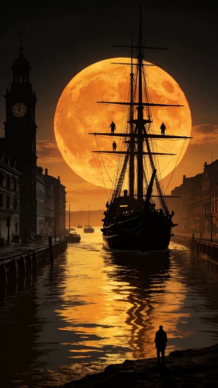 Surreal Ship In Canal Under Giant Moon A surreal fantasy harbor scene with a tall black sailing ship gliding through a calm canal in an old European city at sunset or nightfall. A gigantic glowing orange full moon fills nearly the entire sky behind the ship, casting fiery golden light across the water and silhouetting the masts, rigging, and figures on deck. Historic waterfront buildings, a dark clocktower, distant boats, and a lone figure standing on the shore in the foreground. Dramatic reflections, cinematic atmosphere, ultra detailed, high contrast, epic scale, warm amber and black palette.